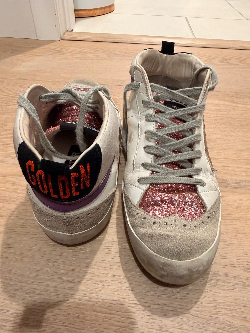 Golden Goose Women's White Sneakers with Pink Glitter & Purple Accent